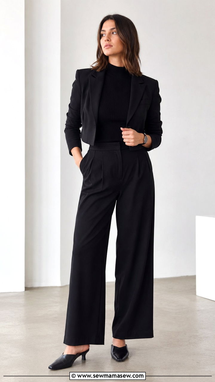 Cropped black blazer with a high neck tank and mules - 25 Wide leg black pants outfit ideas with a blazer