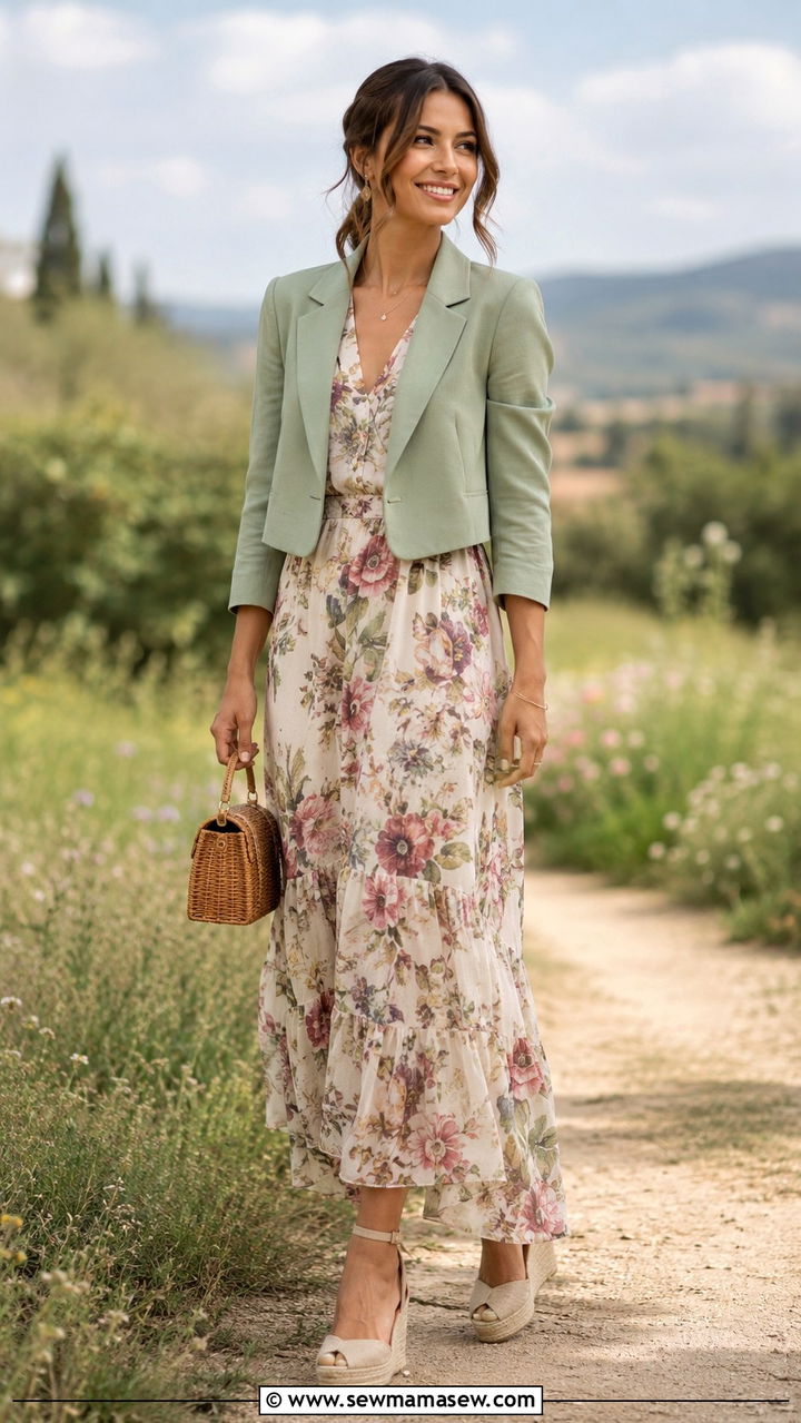 Cropped blazer and floral maxi dress outfit - 30 Maxi dress with a blazer outfit ideas