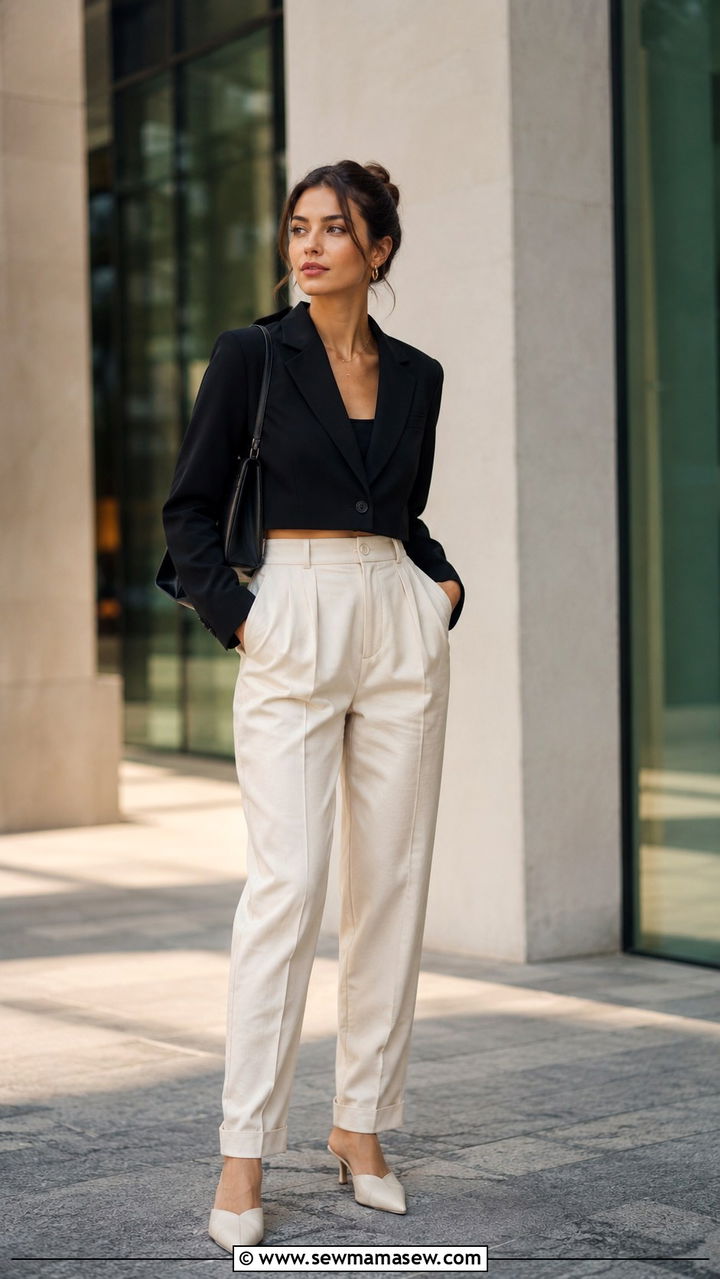 Cropped blazer and high waisted trousers - 30 Office outfits with blazer