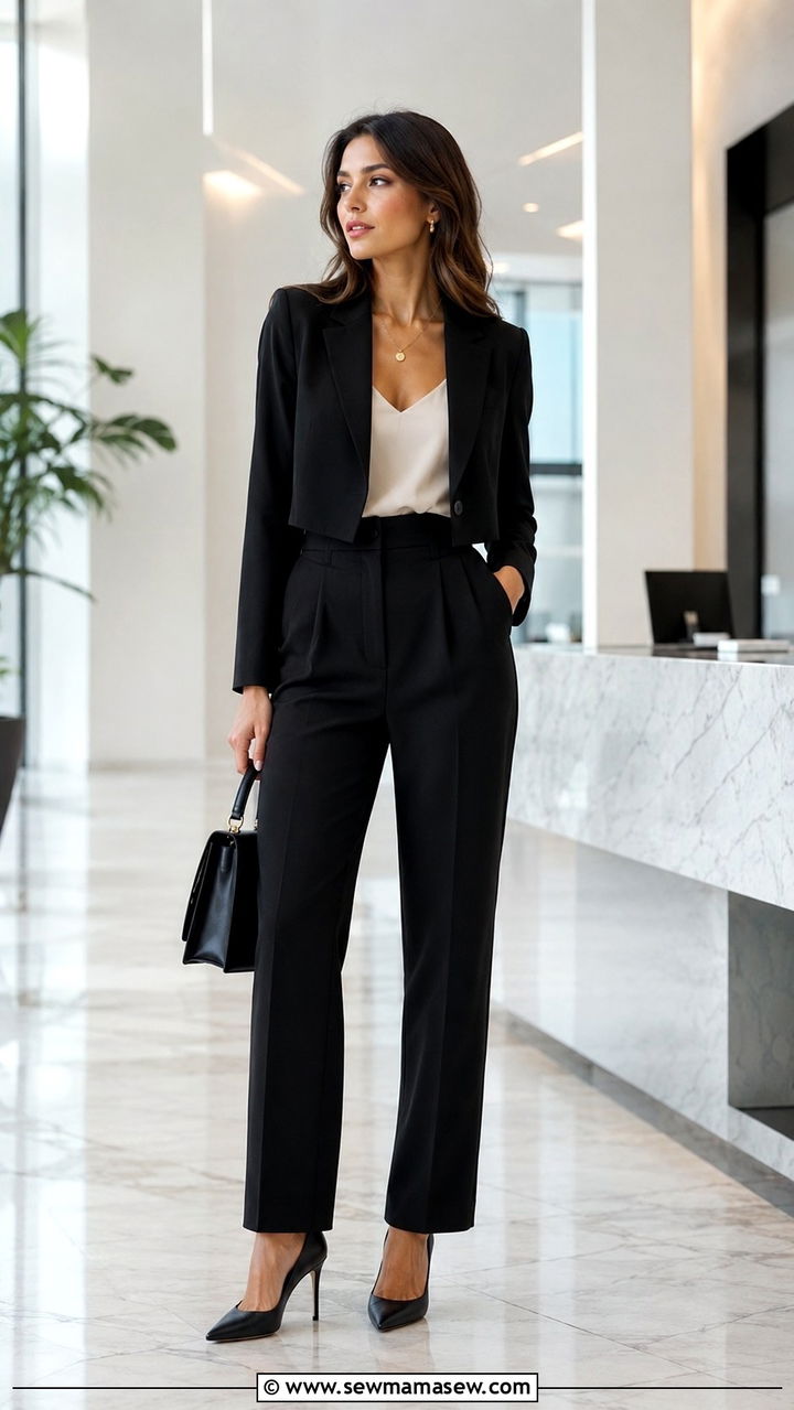 Cropped blazer and high waisted trousers work outfit - 20 work outfits for long torso women
