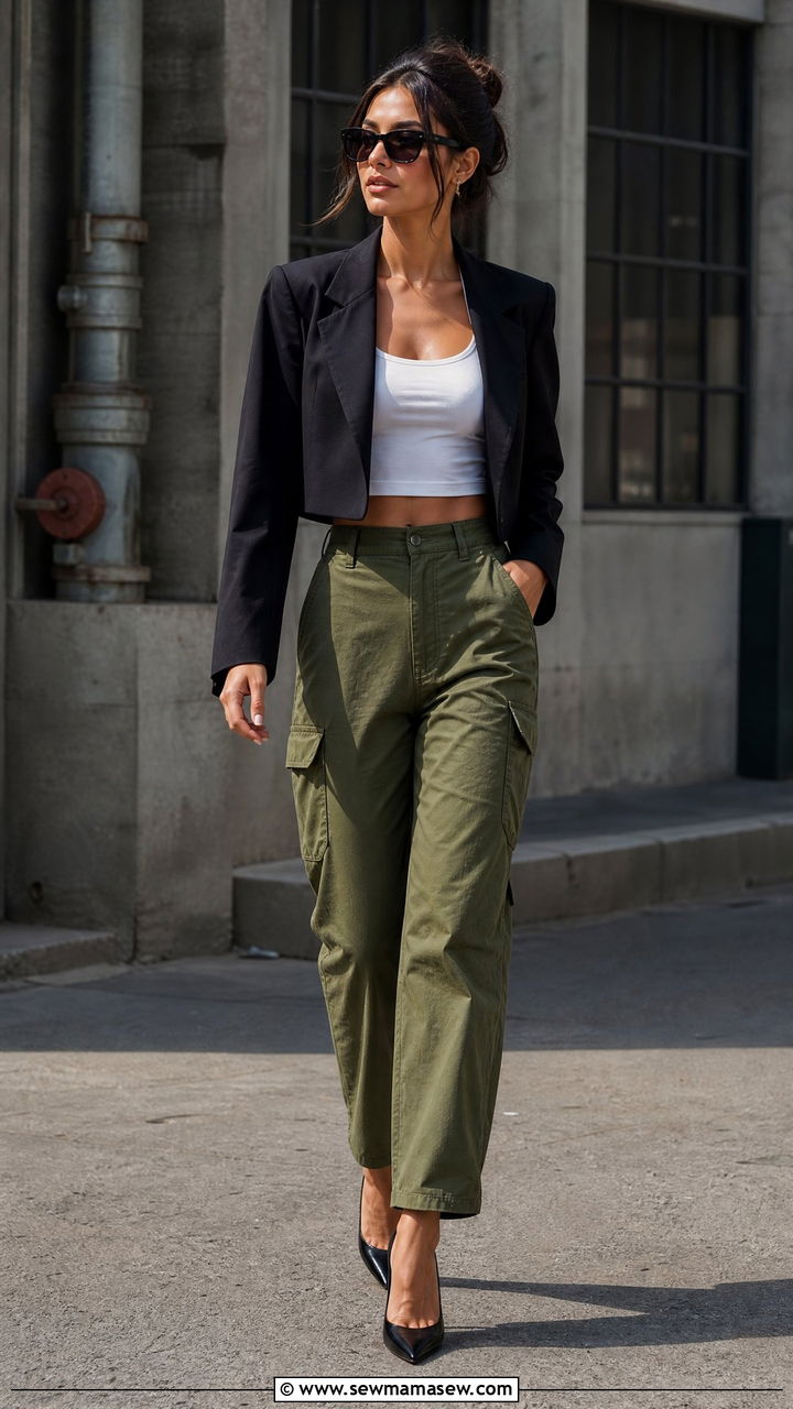 Cropped blazer cargo pants heels outfit - 30 Cropped blazer outfit ideas with heels