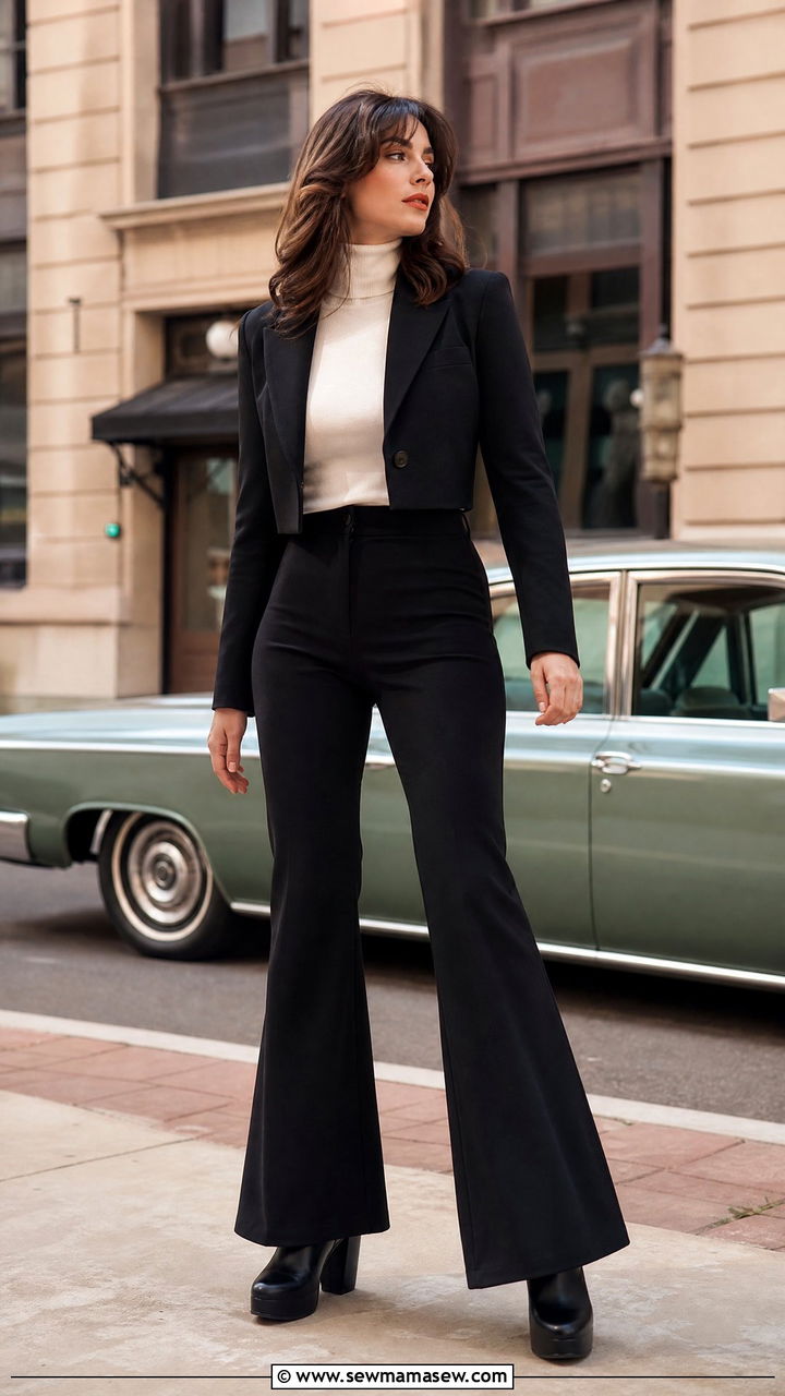 Cropped blazer flare pants heels outfit - 30 Cropped blazer outfit ideas with heels
