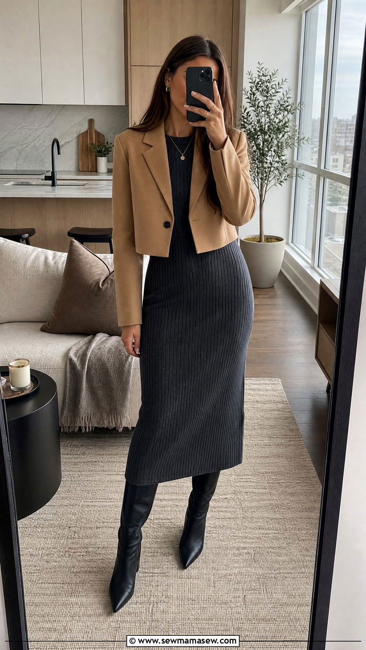 Cropped blazer knit dress heels outfit - 30 Cropped blazer outfit ideas with heels