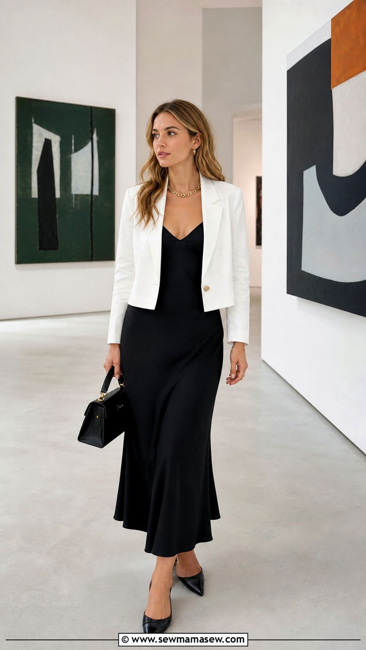 Cropped blazer over a slip sundress - 40 summer sundress outfit ideas
