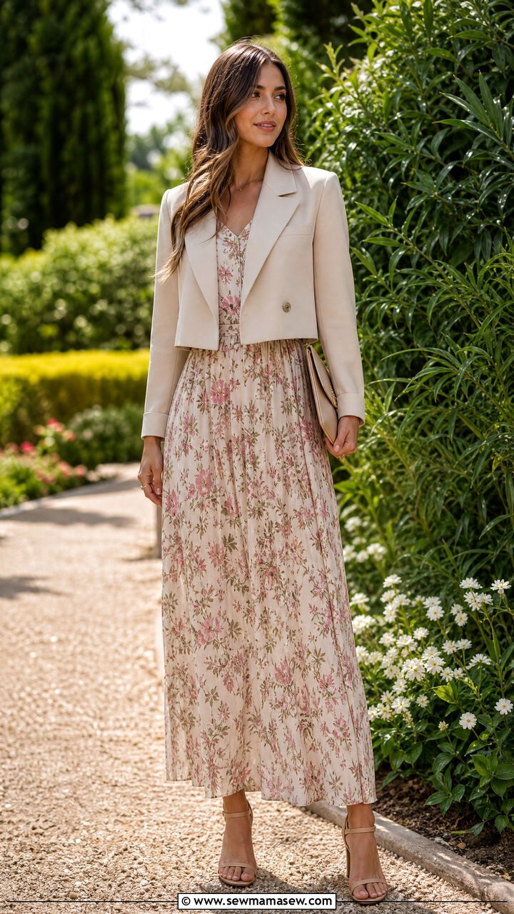 Cropped blazer over maxi dress with heels - 30 Cropped blazer outfit ideas with heels