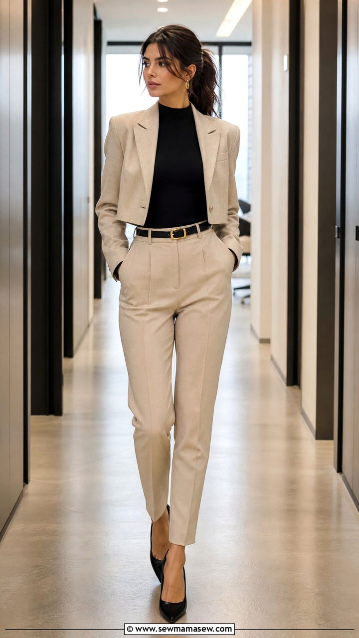 Cropped blazer with a bodysuit and trousers - 30 Cropped blazer outfit ideas for work
