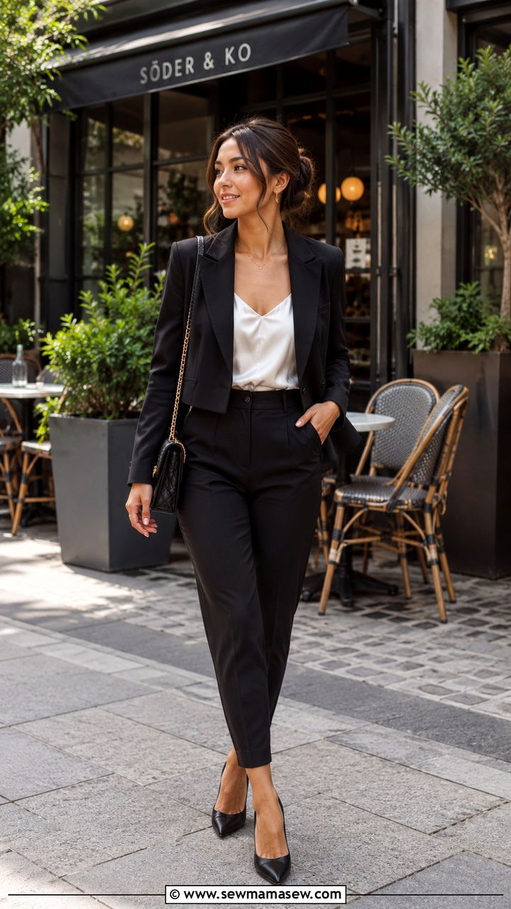 Cropped blazer with a camisole and tailored pants - 25 Petite outfit ideas for brunch