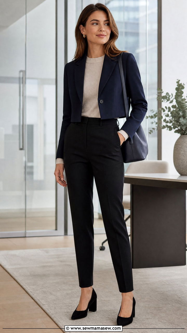 Cropped blazer with a knit top and trousers - 30 Cropped blazer outfit ideas for work