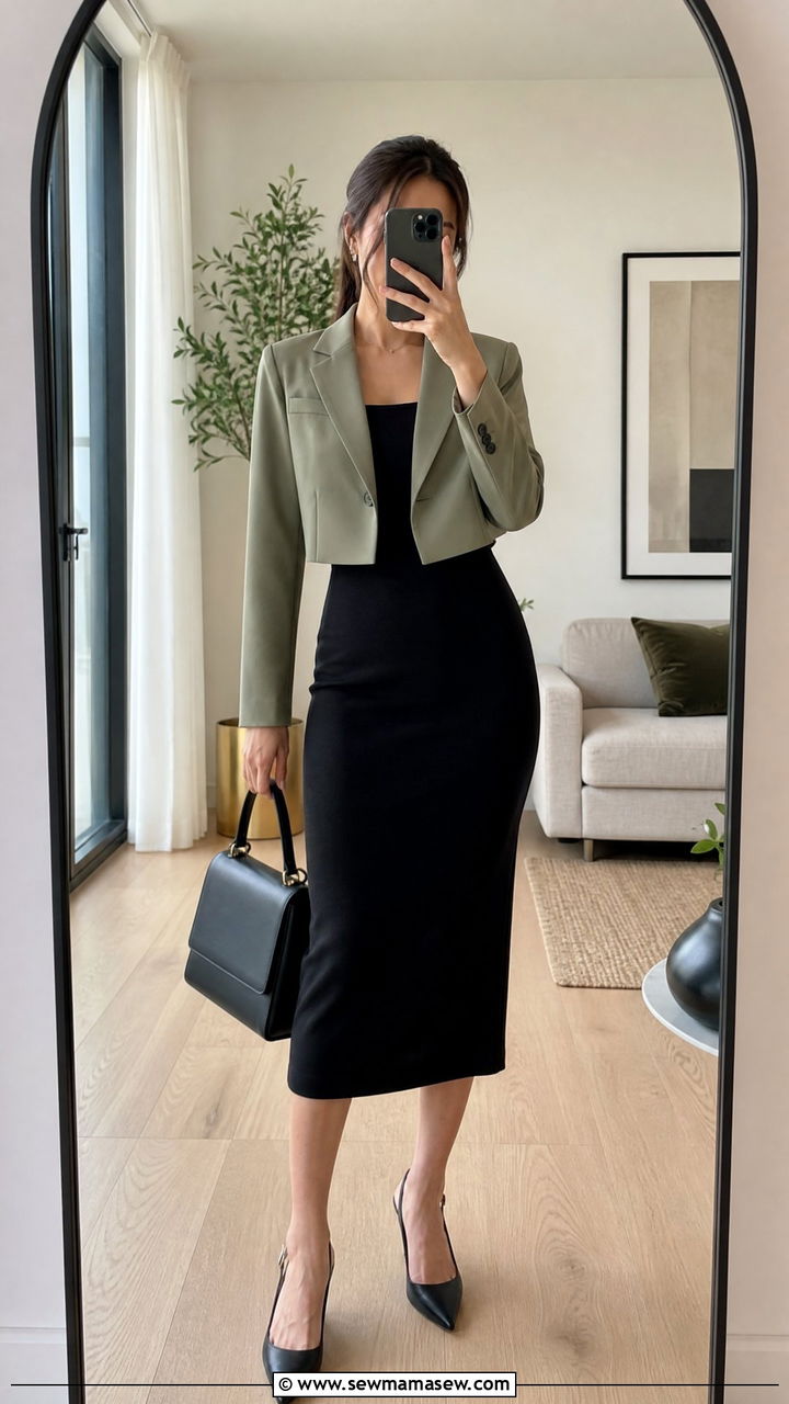 Cropped blazer with a midi dress - 30 Cropped blazer outfit ideas for work