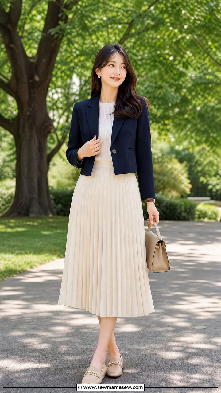 Cropped blazer with a pleated midi skirt - 30 Cropped blazer outfit ideas for work