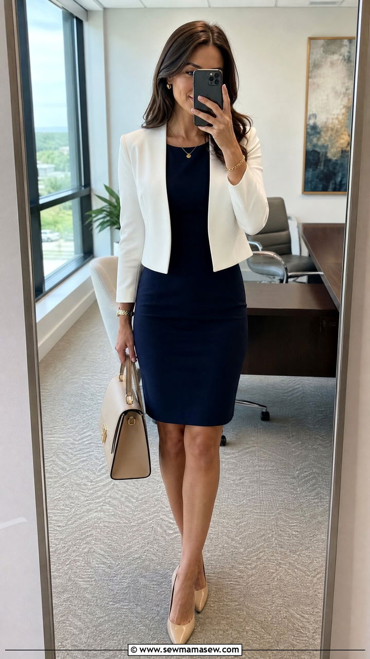 Cropped blazer with a sheath dress - 30 Cropped blazer outfit ideas for work