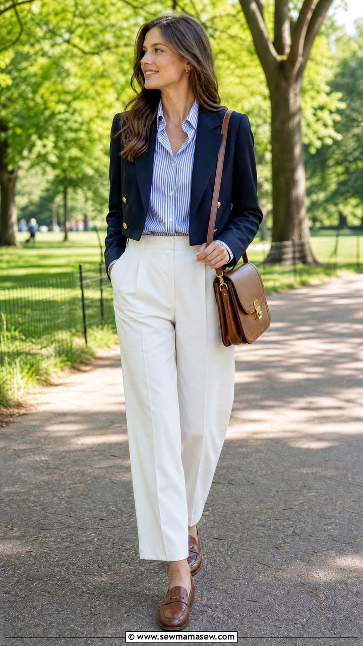 Cropped blazer with a striped shirt and trousers - 30 Cropped blazer outfit ideas for work