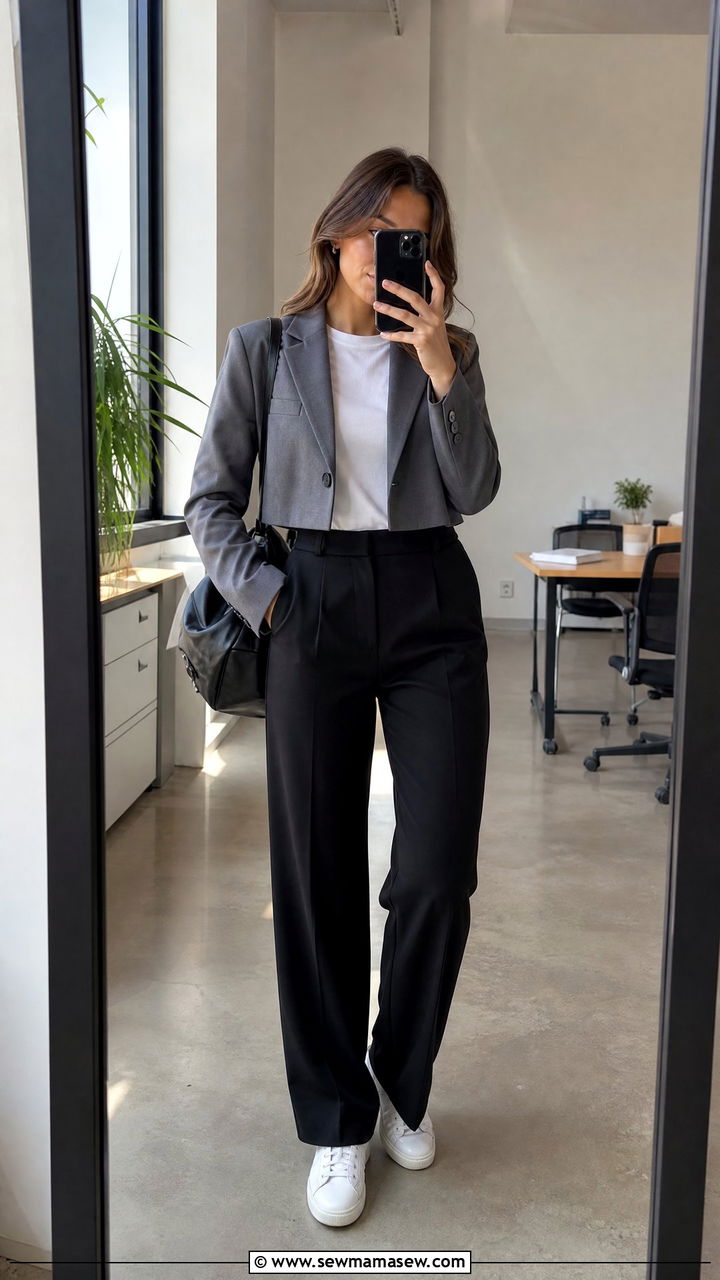 Cropped blazer with a t shirt and tailored pants - 30 Cropped blazer outfit ideas for work