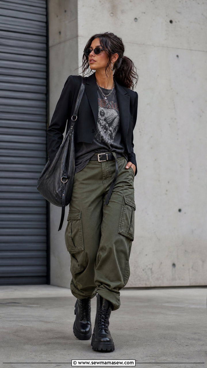 Cropped blazer with band t shirt and cargo pants - 30 Cropped blazer outfit ideas with a t-shirt