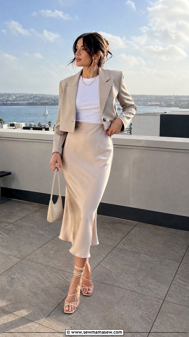 Cropped blazer with basic tee and slip skirt - 30 Cropped blazer outfit ideas with a t-shirt