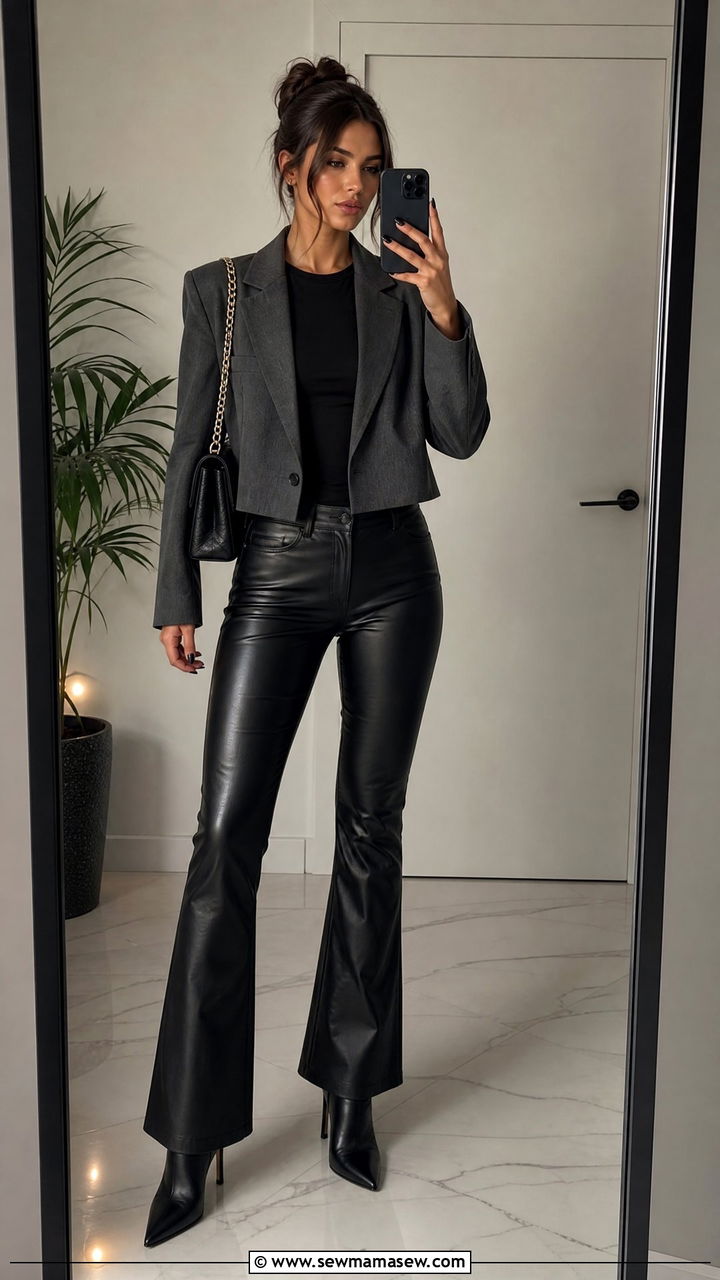 Cropped blazer with black t shirt and faux leather pants - 30 Cropped blazer outfit ideas with a t-shirt