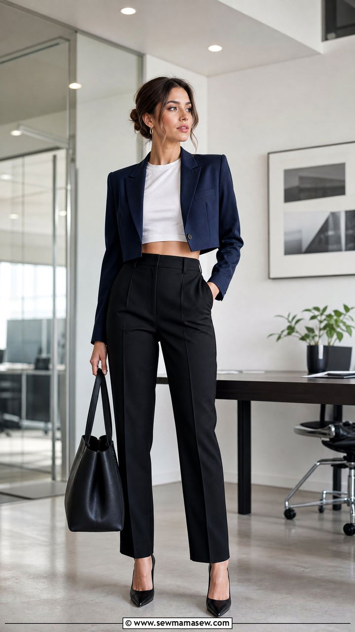 Cropped blazer with cropped tee and high waisted trousers for office - 30 Cropped blazer outfit ideas with a t-shirt