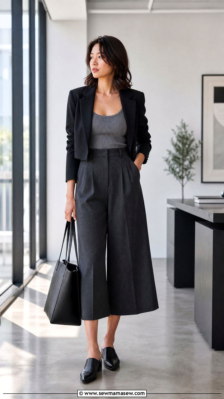 Cropped blazer with culottes - 30 Cropped blazer outfit ideas for work