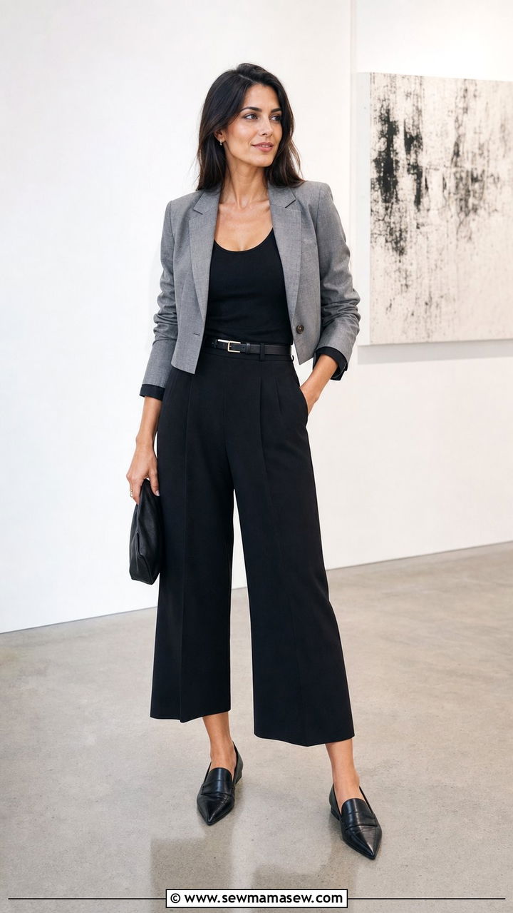 Cropped blazer with culottes and loafers - 25 Cropped blazer outfit ideas with loafers