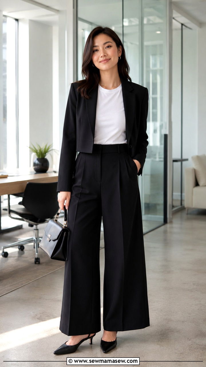 Cropped blazer with high waist tailored trousers - 25 Petite wide leg pants outfit ideas