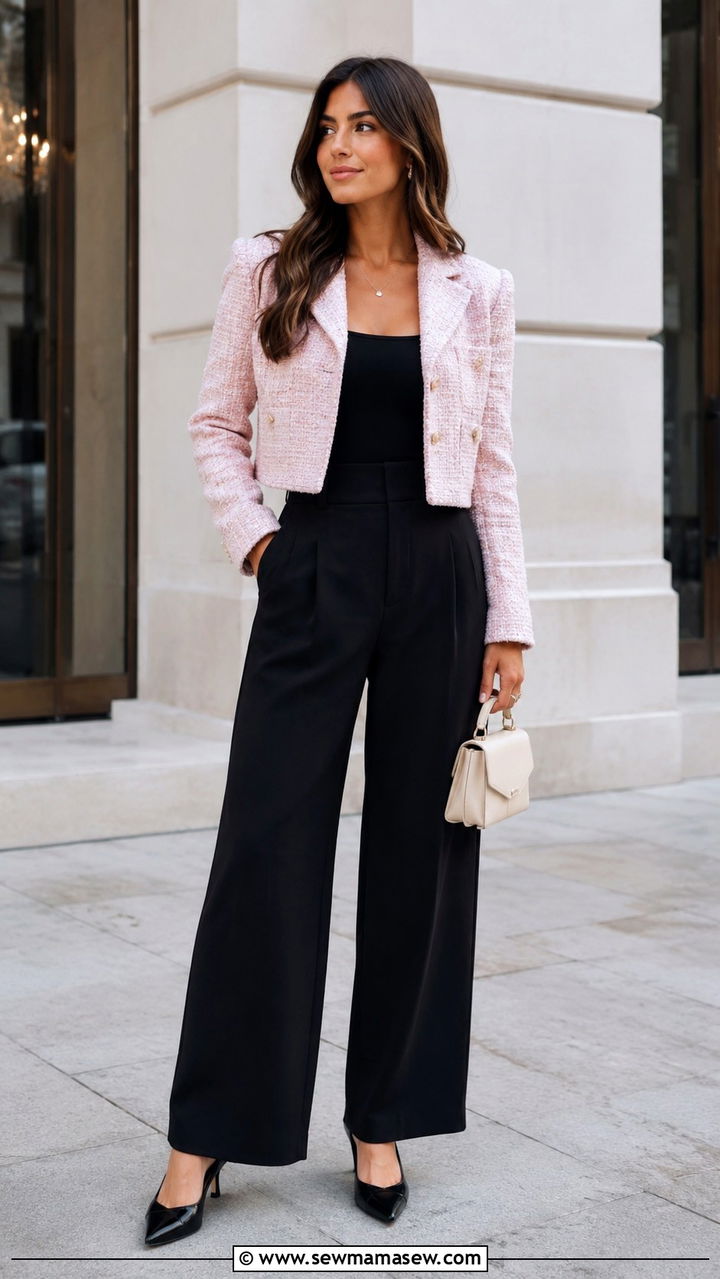 Cropped blazer with high waist wide leg trousers - 25 Wide leg trousers outfit ideas with a blazer