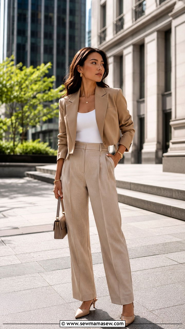 Cropped blazer with high waisted pleated trousers and slingbacks - 30 Internship outfit ideas for women