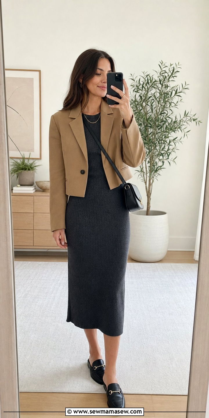 Cropped blazer with knit dress and loafers - 25 Cropped blazer outfit ideas with loafers