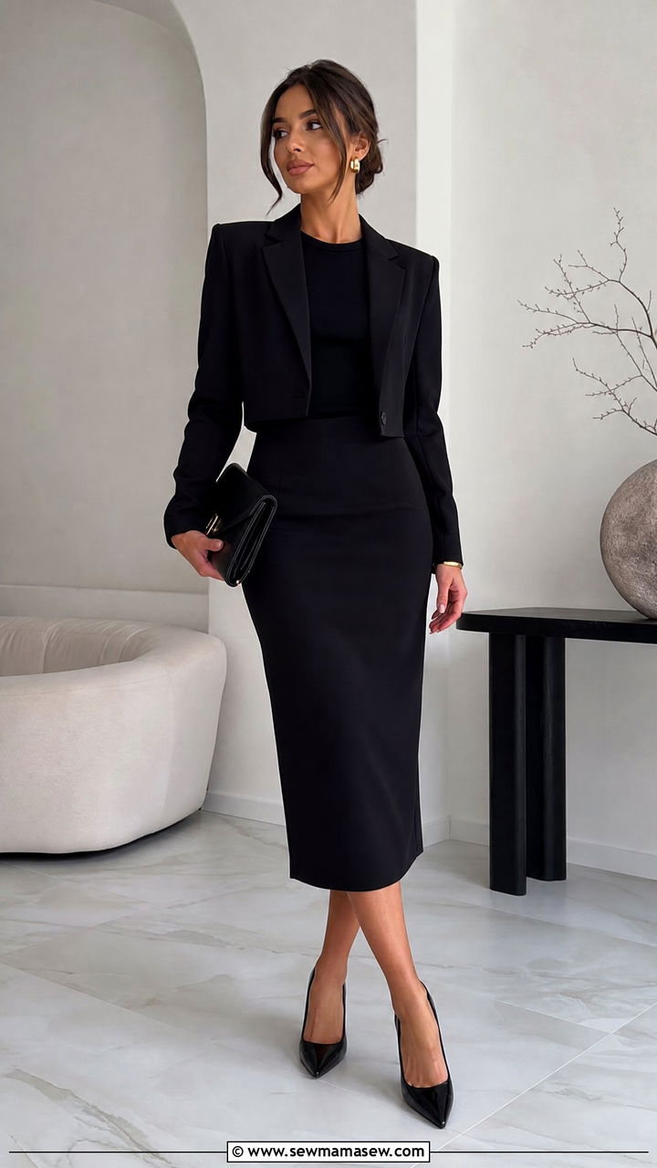 Cropped blazer with monochrome t shirt and matching skirt - 30 Cropped blazer outfit ideas with a t-shirt