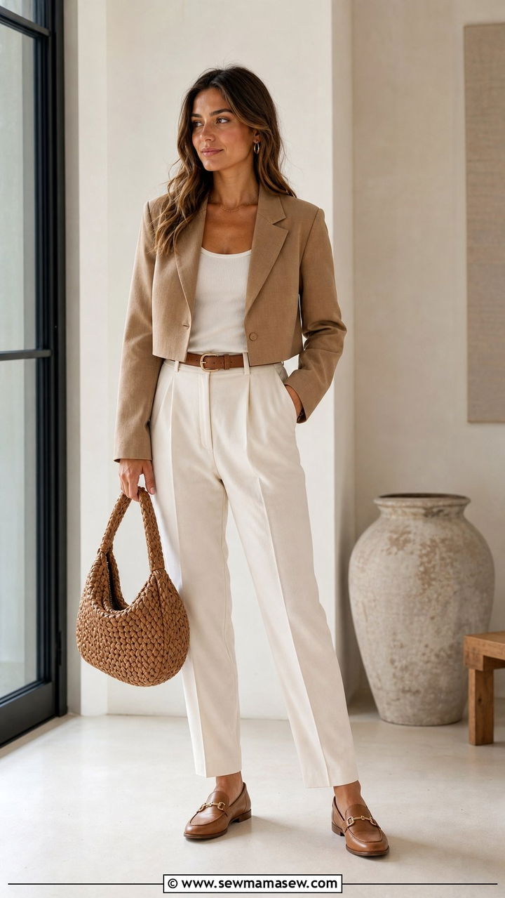 Cropped blazer with neutral outfit and loafers - 25 Cropped blazer outfit ideas with loafers