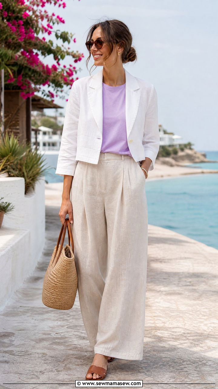 Cropped blazer with pastel t shirt and linen pants - 30 Cropped blazer outfit ideas with a t-shirt