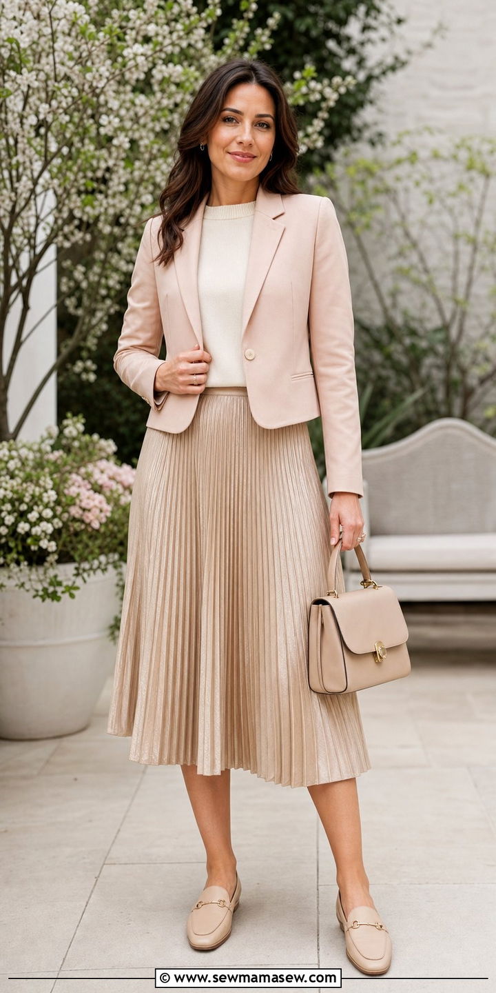Cropped blazer with pleated midi skirt and loafers - 25 Cropped blazer outfit ideas with loafers