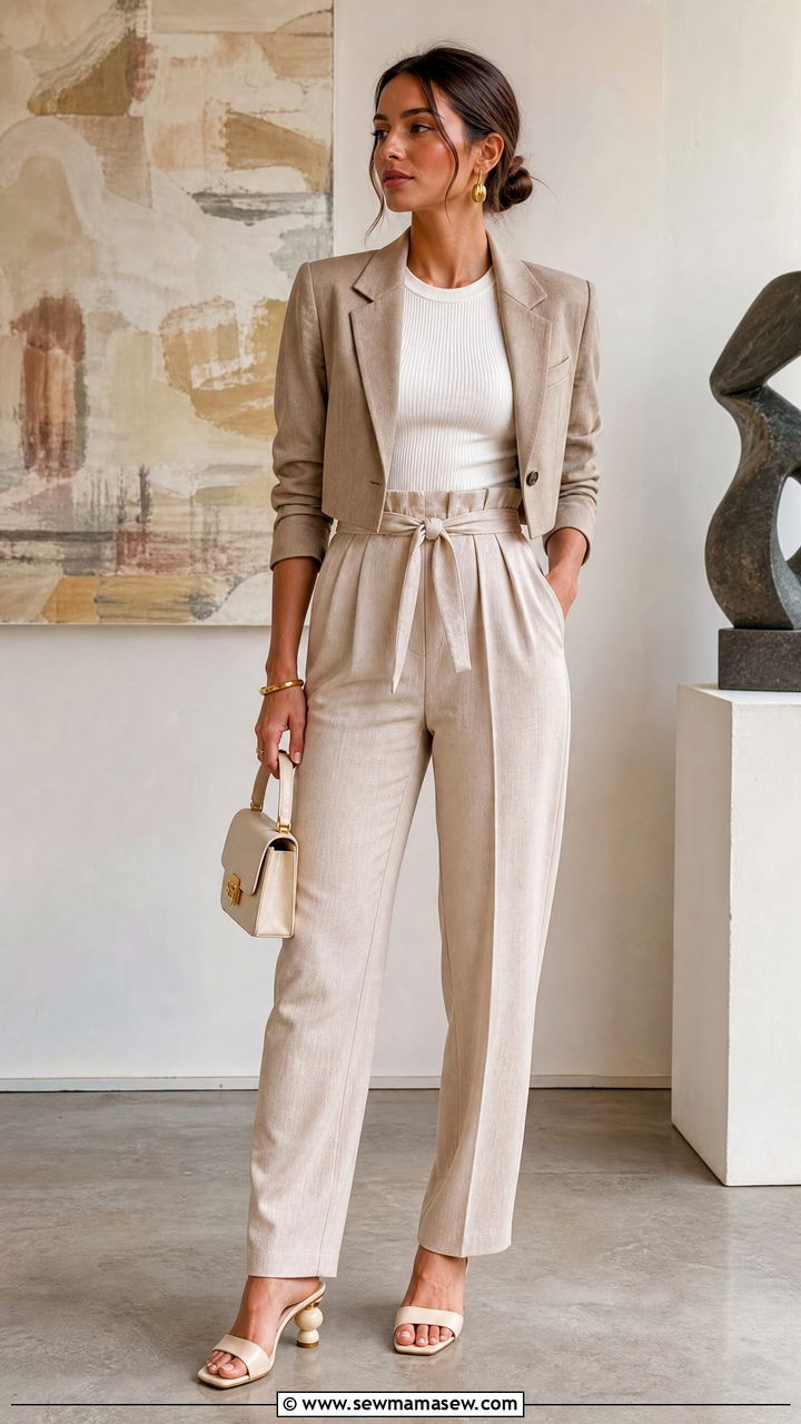 Cropped blazer with ribbed t shirt and paperbag waist trousers - 30 Cropped blazer outfit ideas with a t-shirt