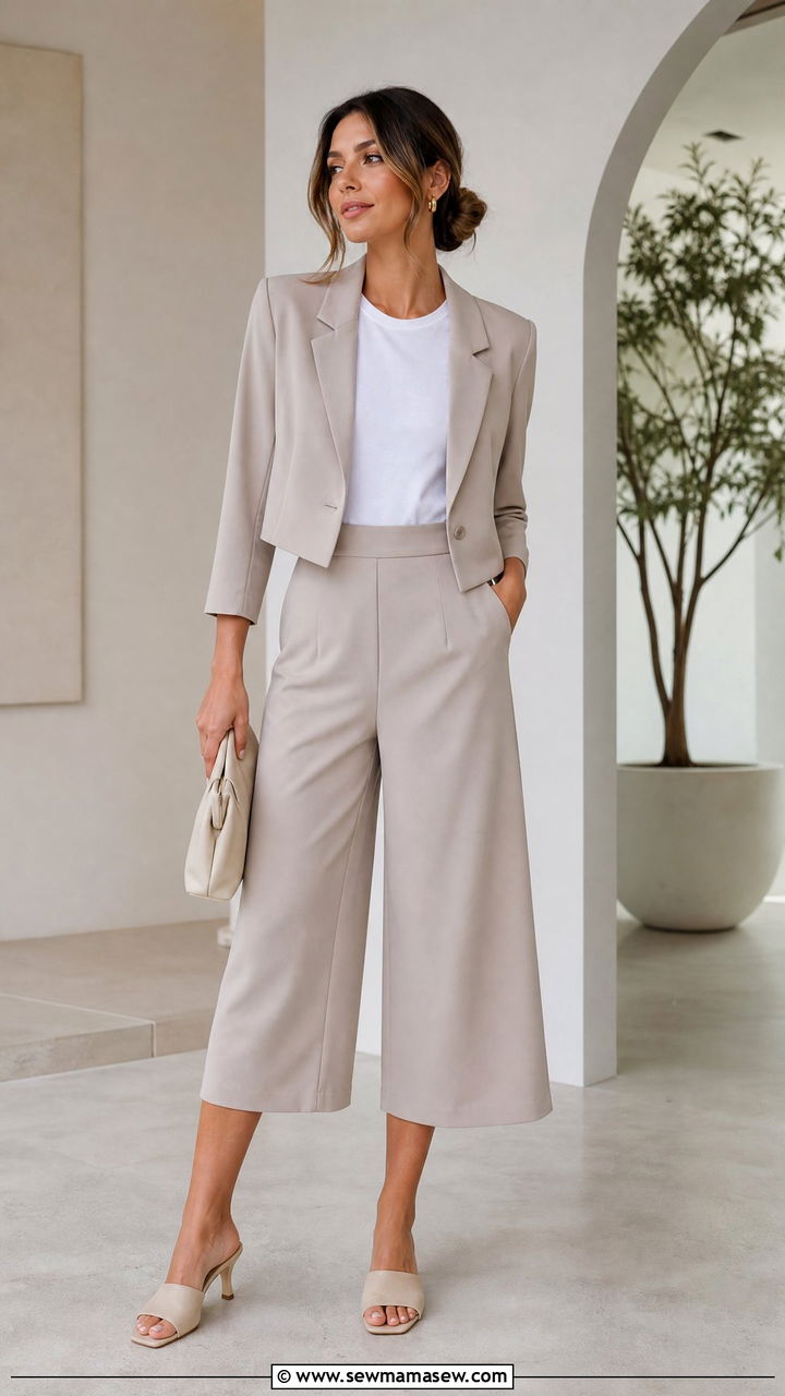 Cropped blazer with t shirt and matching culottes set - 30 Cropped blazer outfit ideas with a t-shirt