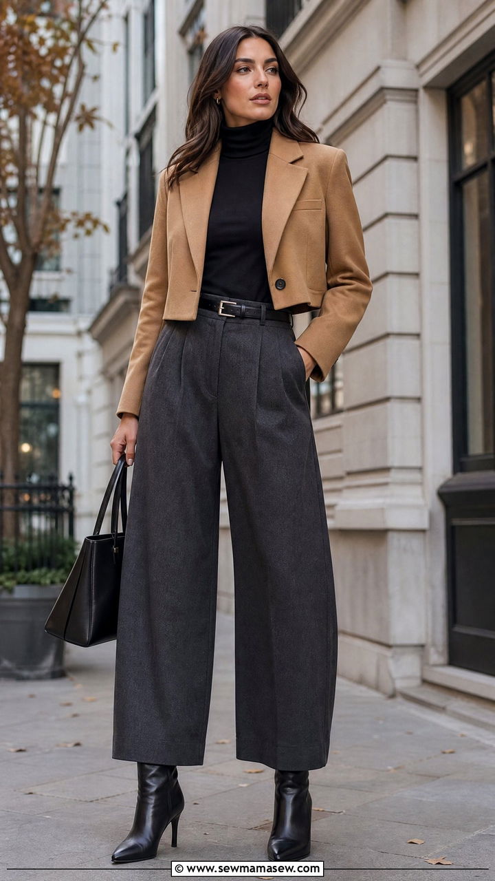 Cropped blazer with turtleneck t shirt and wide leg pants - 30 Cropped blazer outfit ideas with a t-shirt