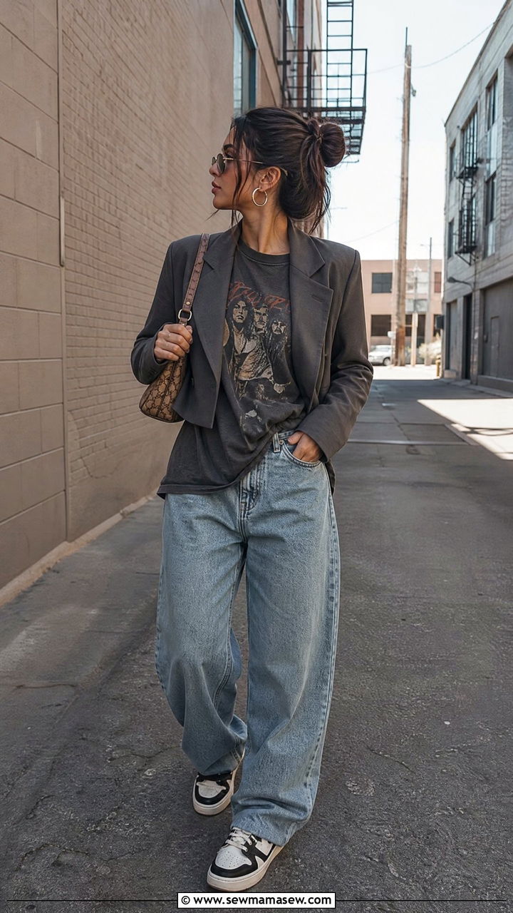 Cropped blazer with vintage band tee and baggy jeans - 30 Cropped blazer outfit ideas with a t-shirt