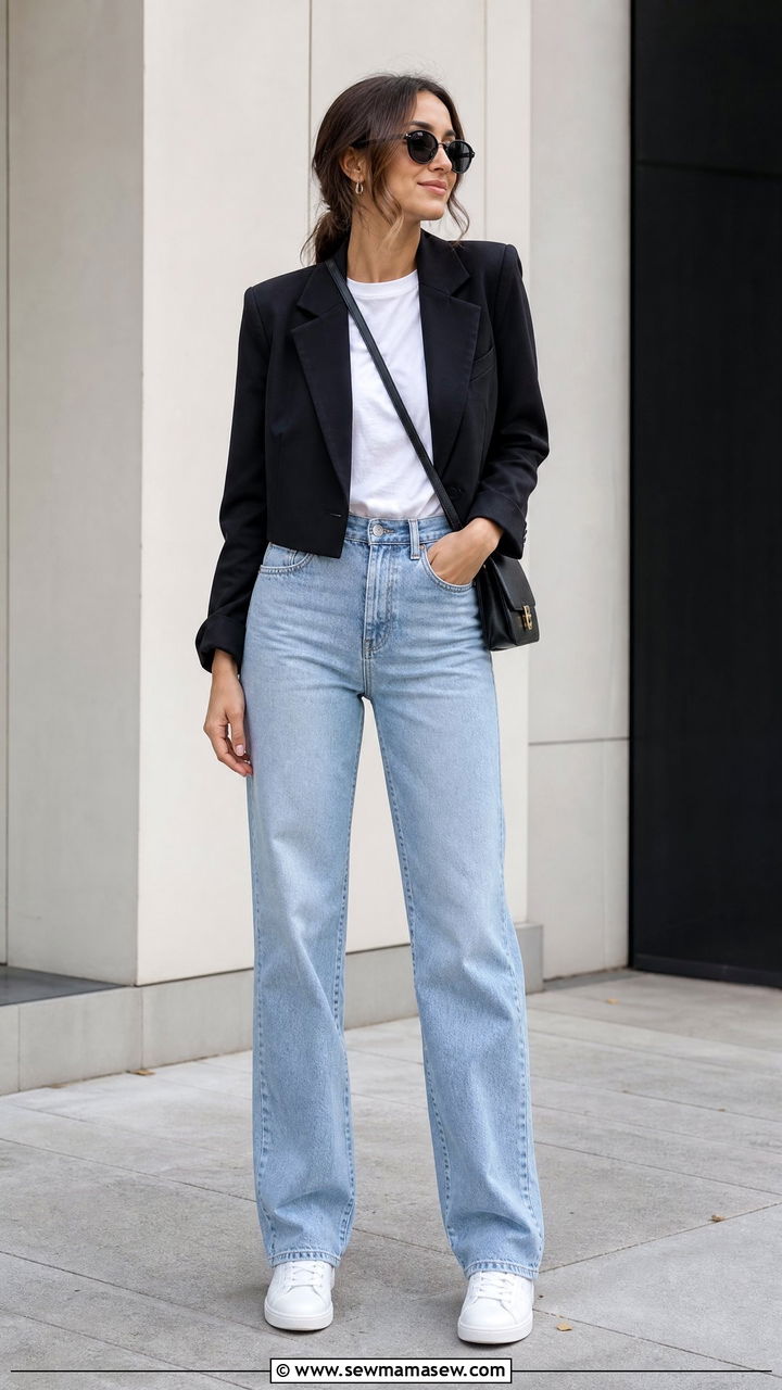 Cropped blazer with white t shirt and jeans - 30 Cropped blazer outfit ideas with a t-shirt