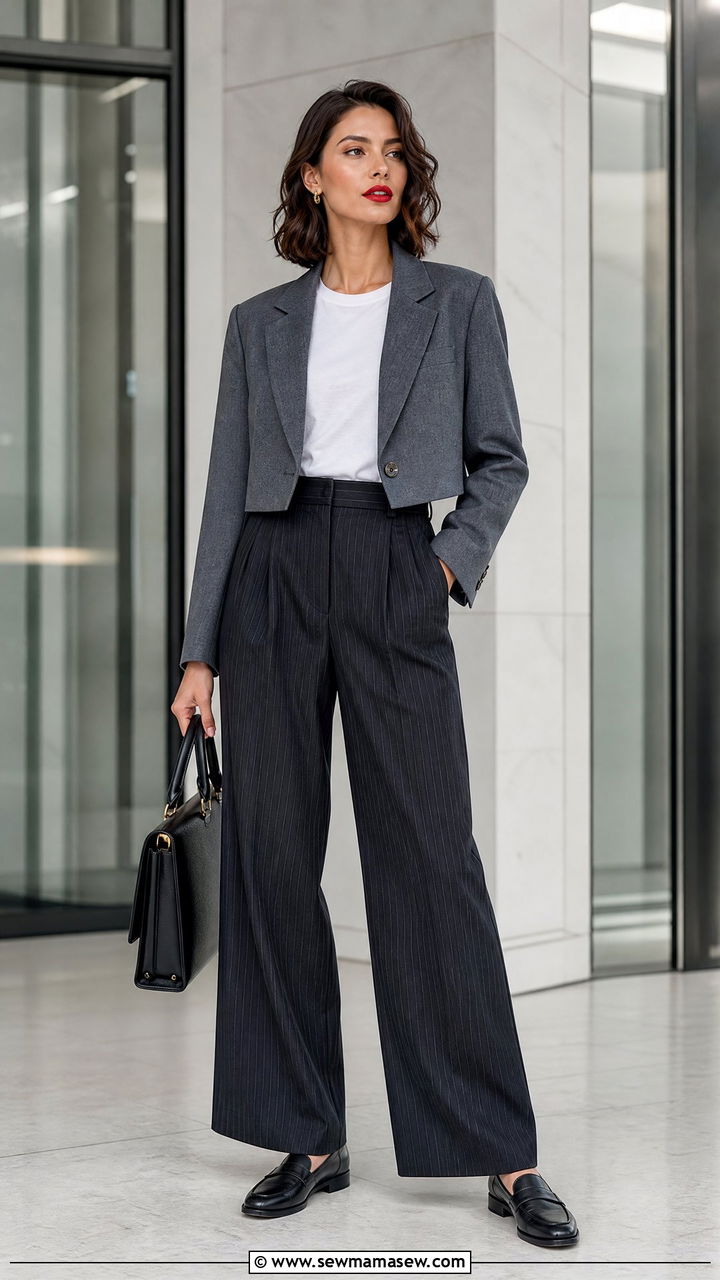 Cropped blazer with white tee and pinstripe trousers - 30 Cropped blazer outfit ideas with a t-shirt