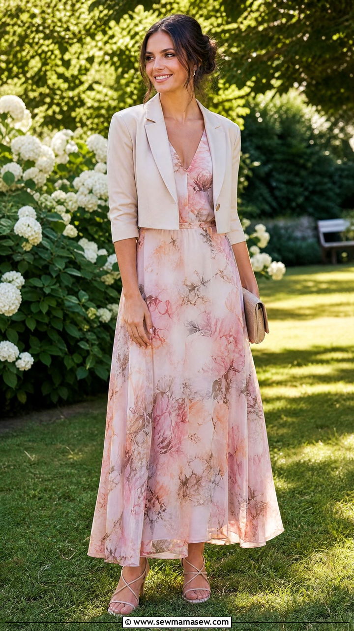 Cropped blazer with wide leg maxi dress and strappy sandals - 30 Maxi dress outfit ideas with a jacket