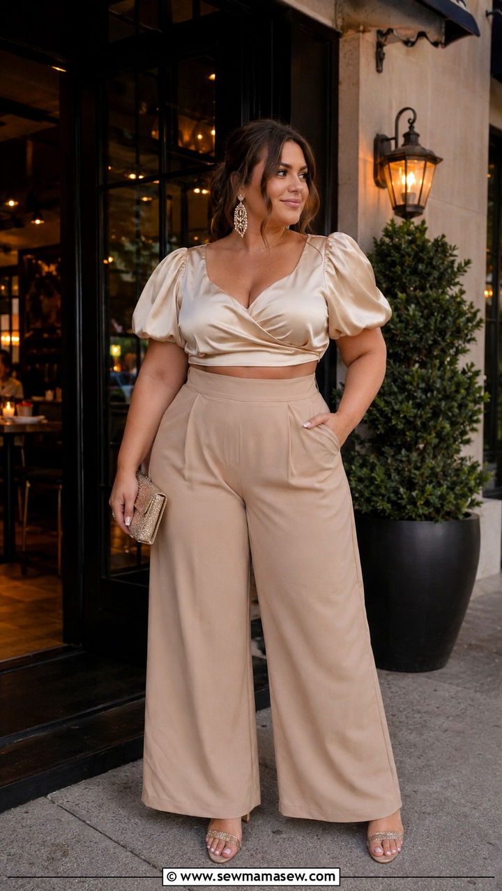 Cropped blouse and wide leg trousers dressy mom - 30 Plus size outfit ideas for moms