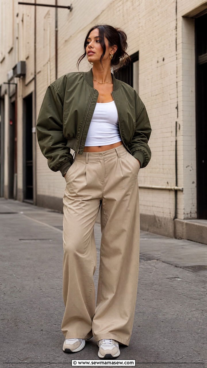 Cropped bomber jacket and relaxed trousers outfit for broad shoulders - 25 Outfits for broad shoulders