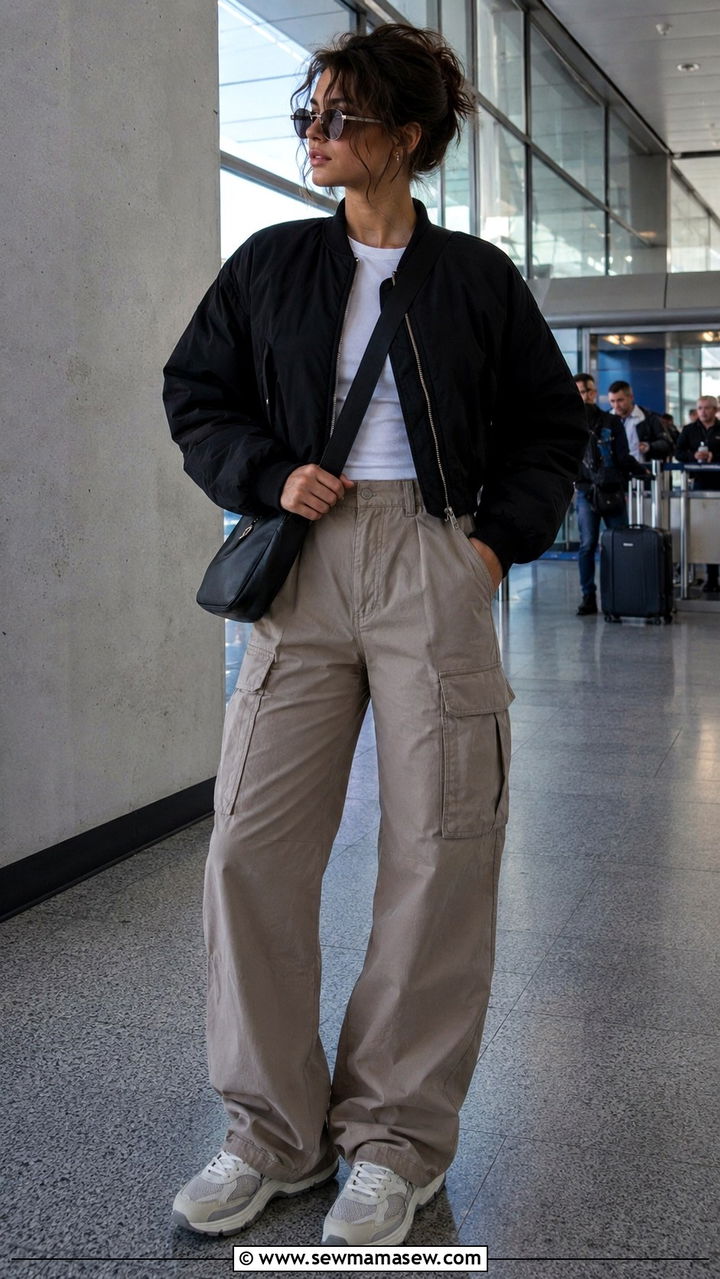 Cropped bomber jacket with cargo pants travel outfit - 30 chic travel outfits for women