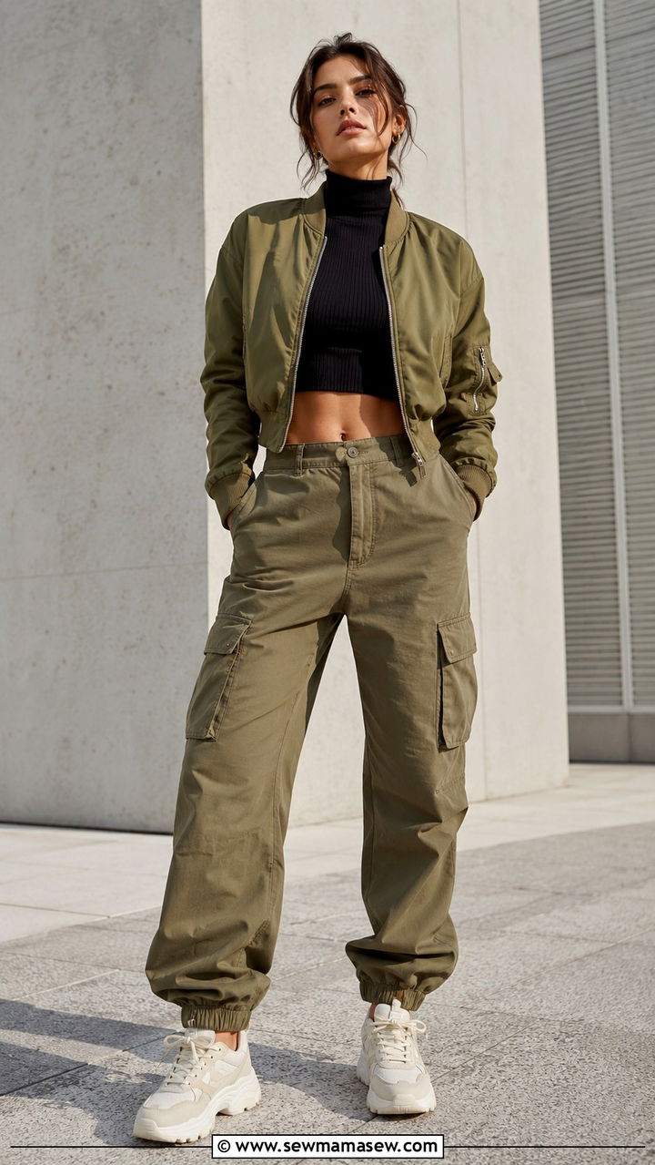 Cropped bomber jacket with cargo pants - 25 Outfit ideas for inverted triangle shape