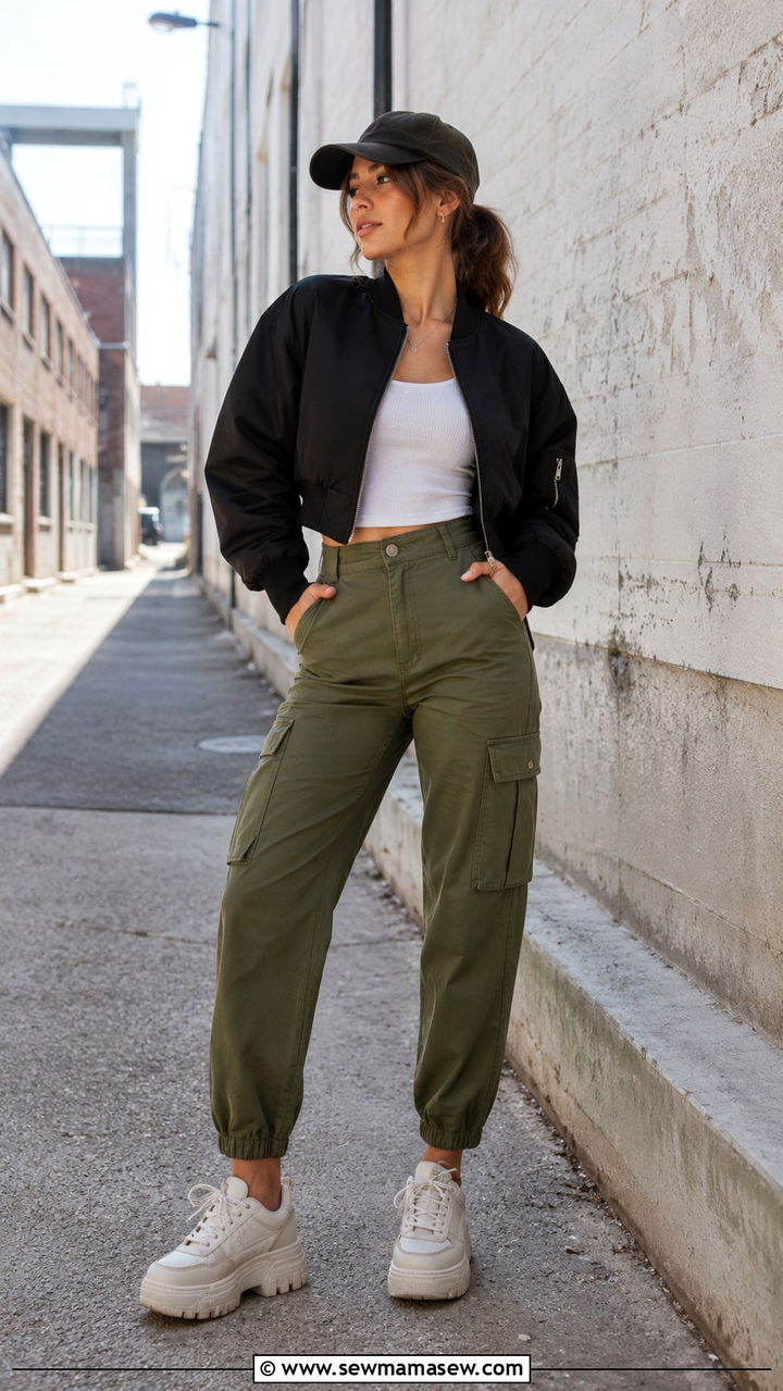 Cropped bomber jacket with high waisted cargo pants - 30 Petite outfit ideas to balance proportions