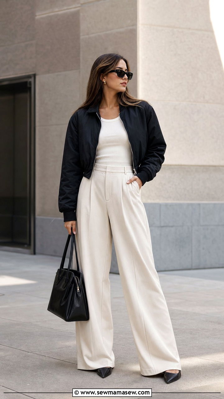 Cropped bomber jacket with high waisted wide leg trousers - 25 Spring outfits with bomber jackets
