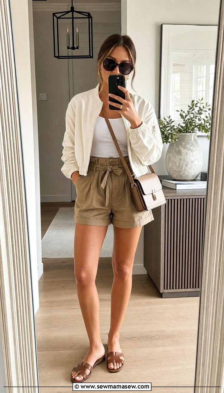 Cropped bomber with paper bag waist shorts - 25 Spring outfits with bomber jackets