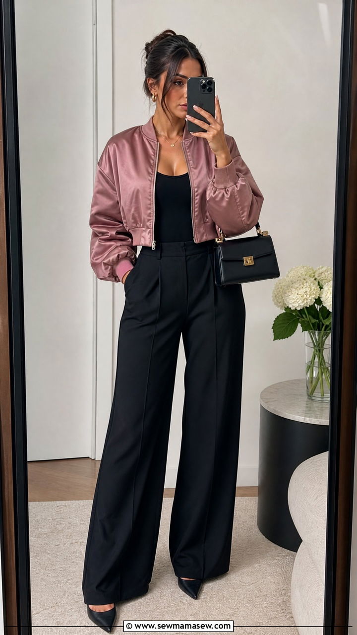 Cropped bomber with wide leg pants outfit - 30 jacket outfits 2026