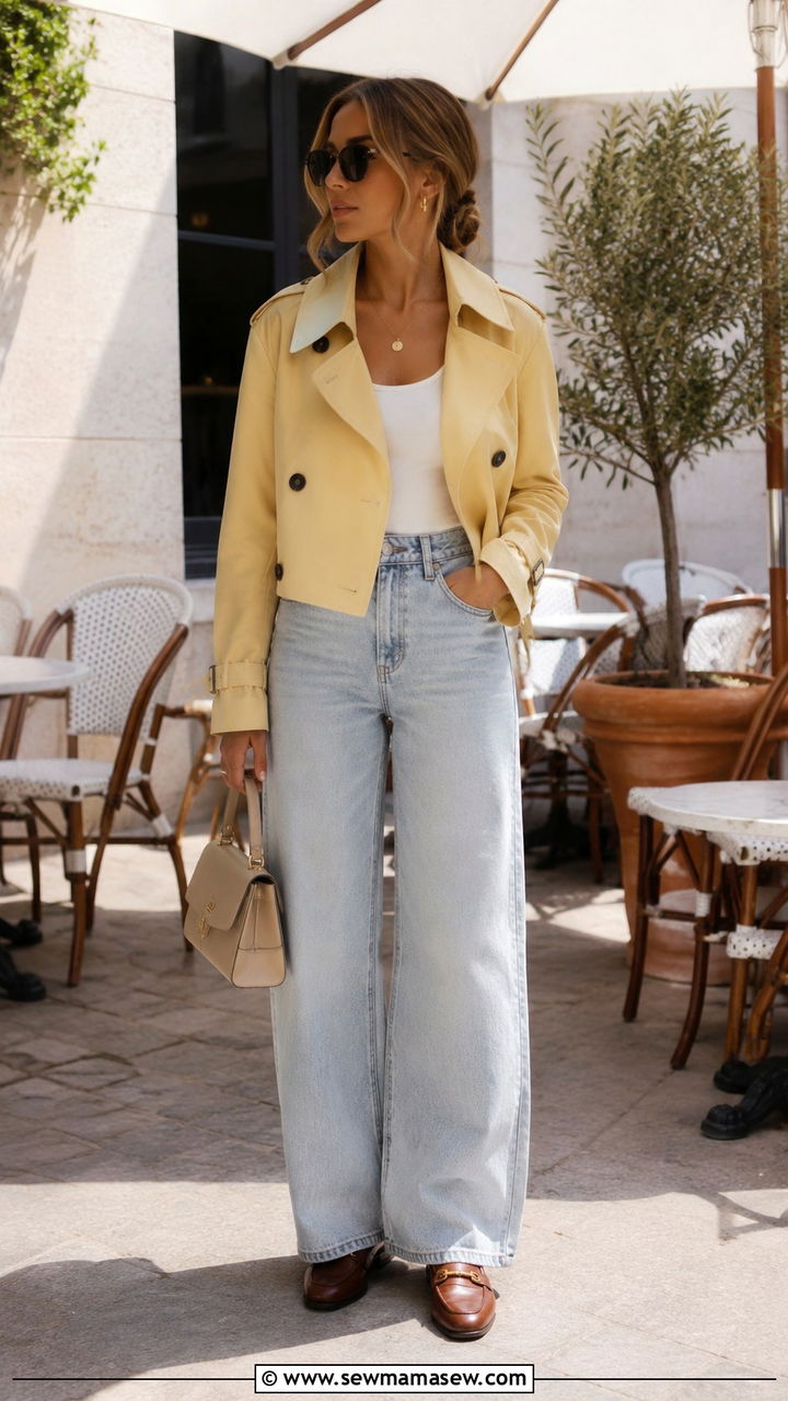 Cropped butter yellow trench coat with wide leg jeans and loafers - 30 Spring outfits with trench coat