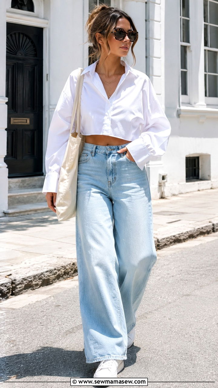 Cropped button down shirt with light wash wide leg denim - 25 Wide leg pants outfit ideas with a crop top