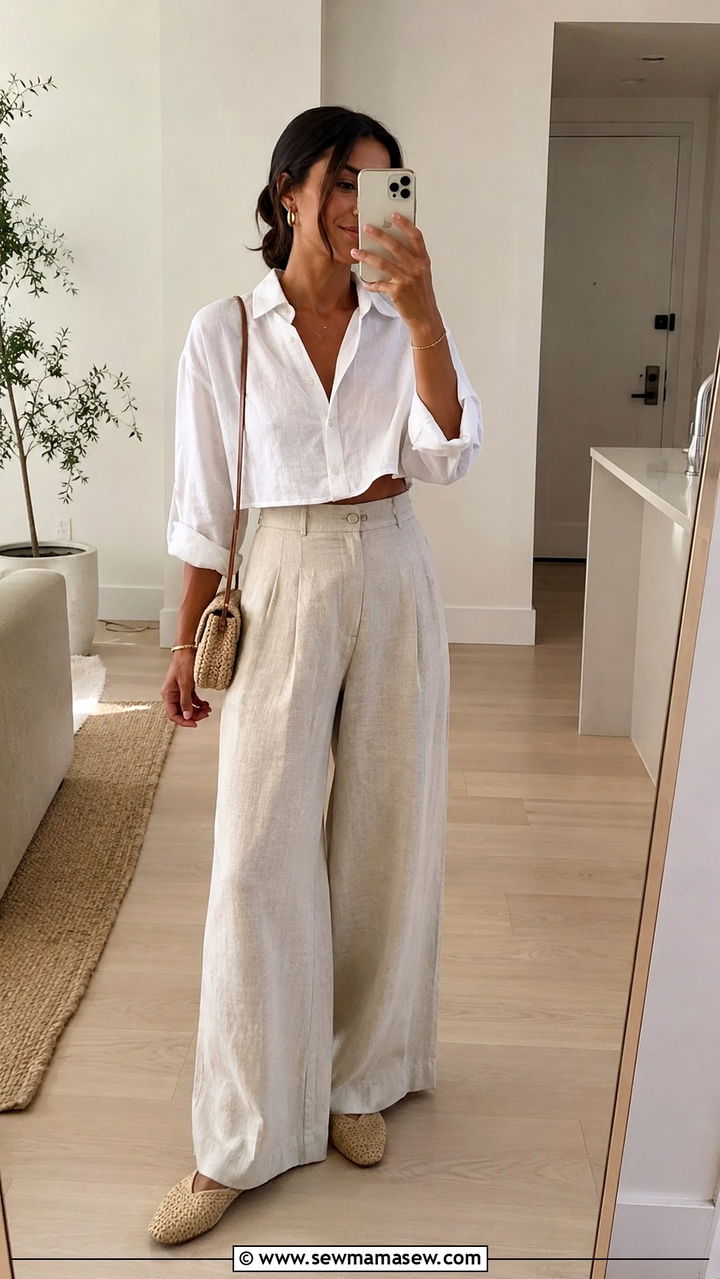 Cropped button down with high waisted wide leg linen pants - 25 Wide leg linen pants outfit ideas with a button down