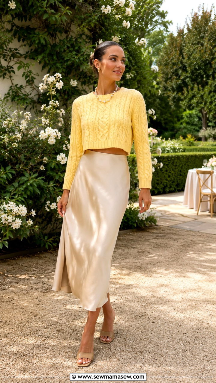 Cropped cable knit sweater with satin midi skirt and heeled mules - 30 Midi skirt outfit ideas with a sweater